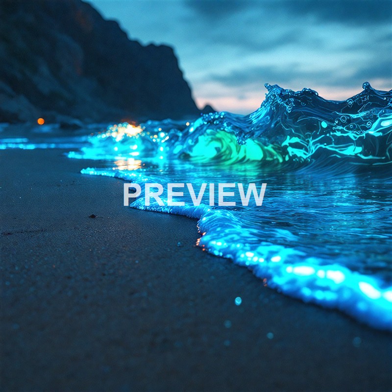 The image shows a beach at twilight with glowing blue-green bioluminescent waves crashing onto the dark sandy shore, with a silhouette of cliffs in the background under a moody sky.